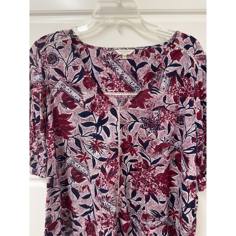 Lucky Brand Women Large Tunic Top Blouse Flowy Floral Vneck Ruffle Cotton